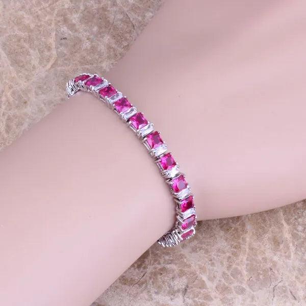 Red CZ Silver Plated Chain Bracelet 7 inch