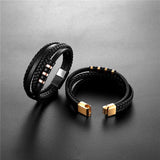 Men Punk Leather Bracelet Stainless Steel Bangles Hombre Pulseras