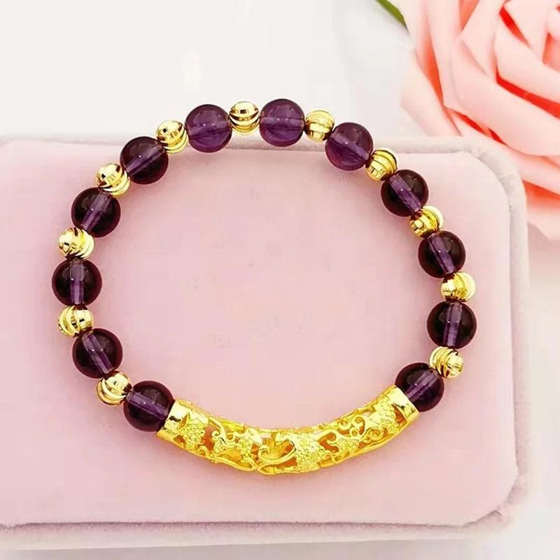 24K Agate Beads Bangle Bracelet for Women Wedding Jewelry