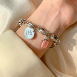Silver Double Layer Pink Stone Round Good Lucky Letter Bracelet Female