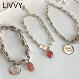 Silver Double Layer Pink Stone Round Good Lucky Letter Bracelet Female