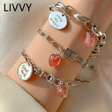 Silver Double Layer Pink Stone Round Good Lucky Letter Bracelet Female