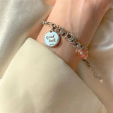 Silver Double Layer Pink Stone Round Good Lucky Letter Bracelet Female