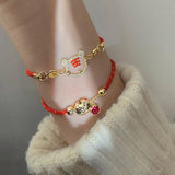 Tiger Goddess Fortune Red String Animal Bracelet with Zircon Copper Coin