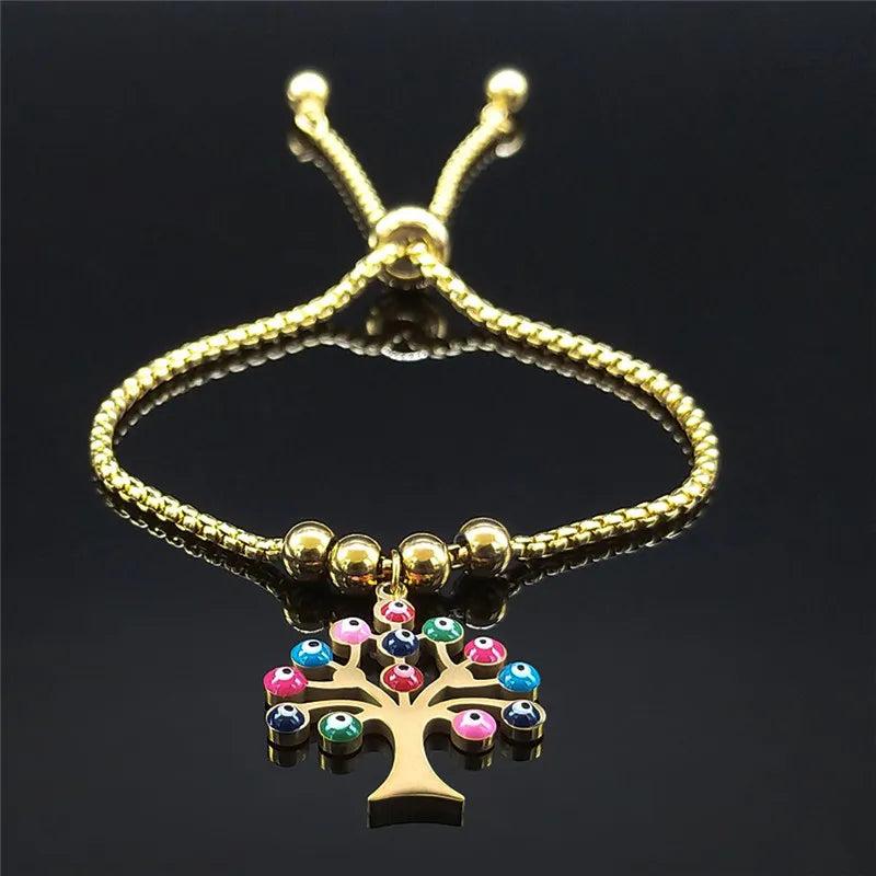 Stainless Steel Tree of Life Chain Bracelet Islam Beads Jewelry
