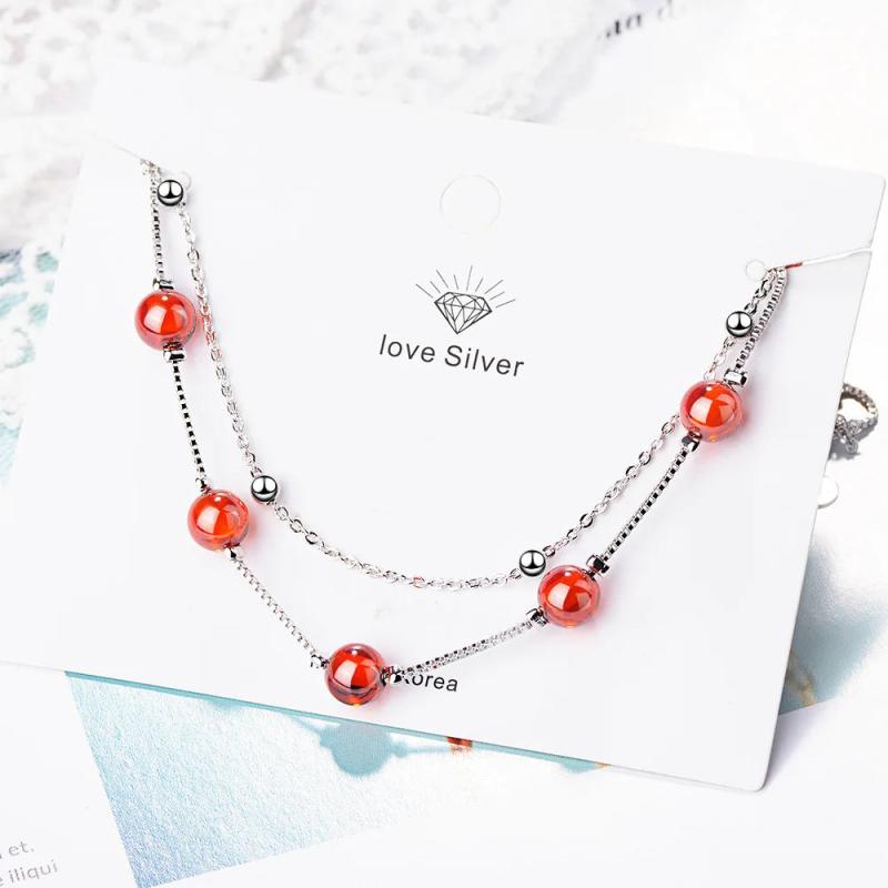 S925 Silver Double Extend Chain Agate Beads Bracelet For Women FQL22084