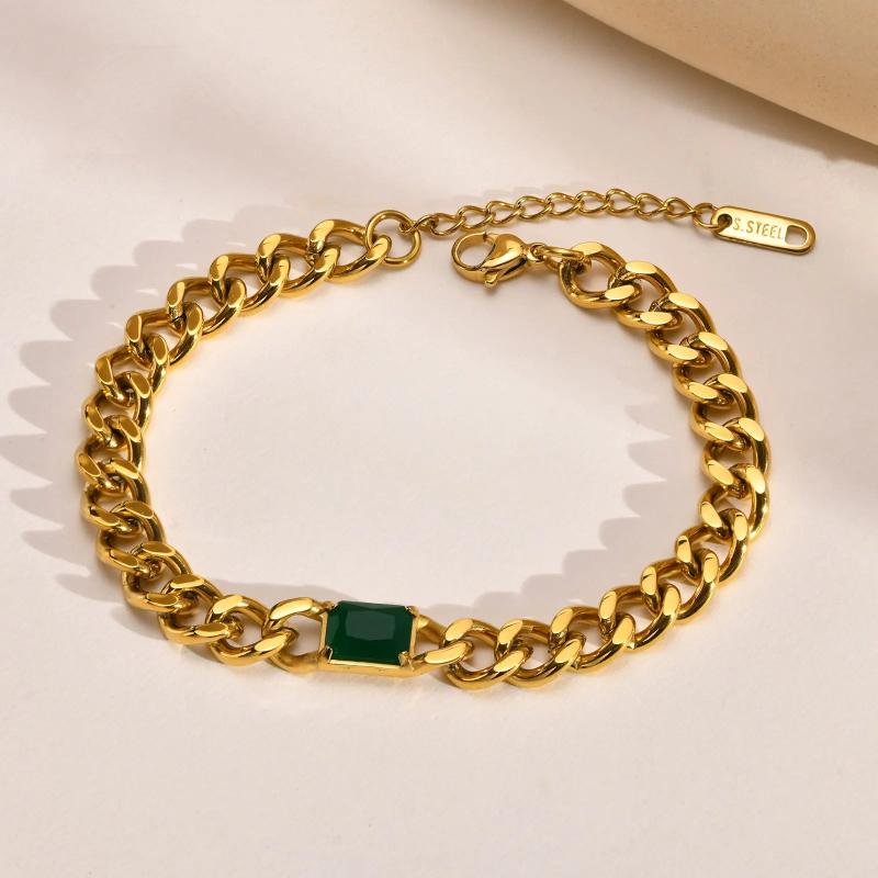 Green CZ Cuban Chain Bracelet for Women, Colorful Stone Link