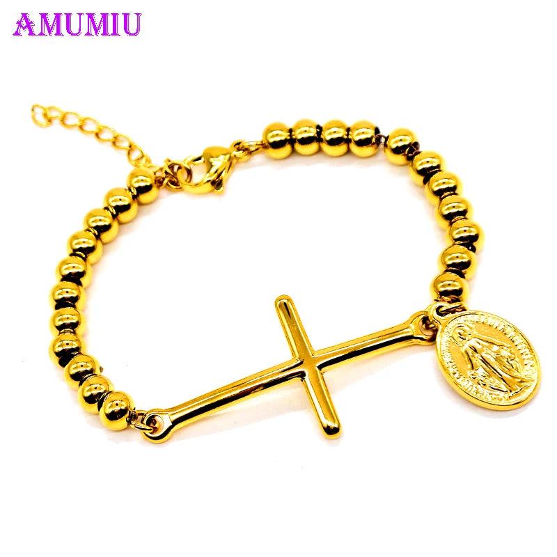 Jesus Cross Beaded Bracelet Religious Charm Prayer Chain Couple Jewelry Gift