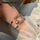 Silver Splicing Chain Bracelets Pink Beads LOVE Heart Jewelry