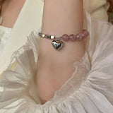 Silver Splicing Chain Bracelets Pink Beads LOVE Heart Jewelry