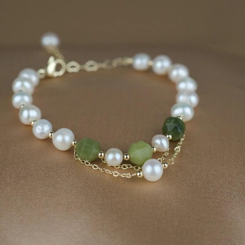 Green Stone Bracelet with Natural Pearl, Stainless Steel Cuff