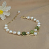 Green Stone Bracelet with Natural Pearl, Stainless Steel Cuff