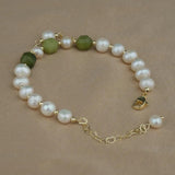 Green Stone Bracelet with Natural Pearl, Stainless Steel Cuff
