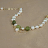 Green Stone Bracelet with Natural Pearl, Stainless Steel Cuff
