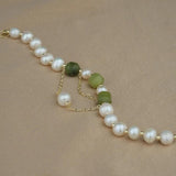 Green Stone Bracelet with Natural Pearl, Stainless Steel Cuff