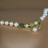Green Stone Bracelet with Natural Pearl, Stainless Steel Cuff
