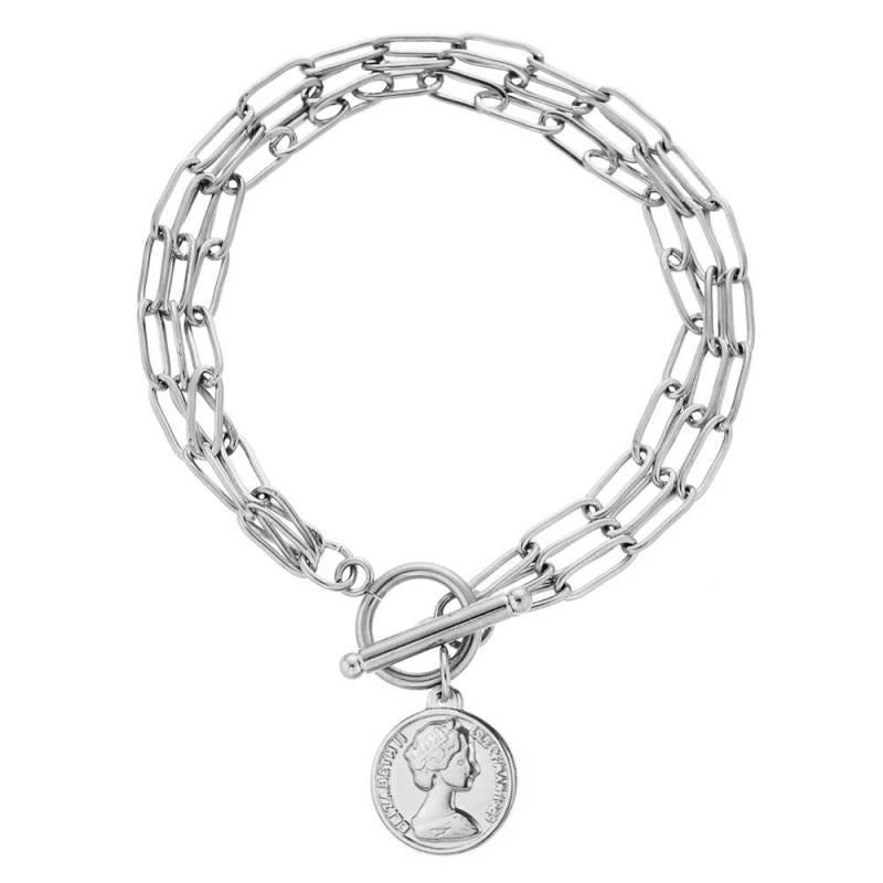 Stainless Steel Paper Clip Chain Coin Charm Bracelet For Women