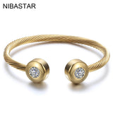 Titanium Steel Cable Mesh Open Bangle with Clear Crystal Bracelet for Women