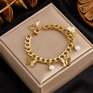 316L Stainless Steel Bracelet with Pearl Butterfly Decoration