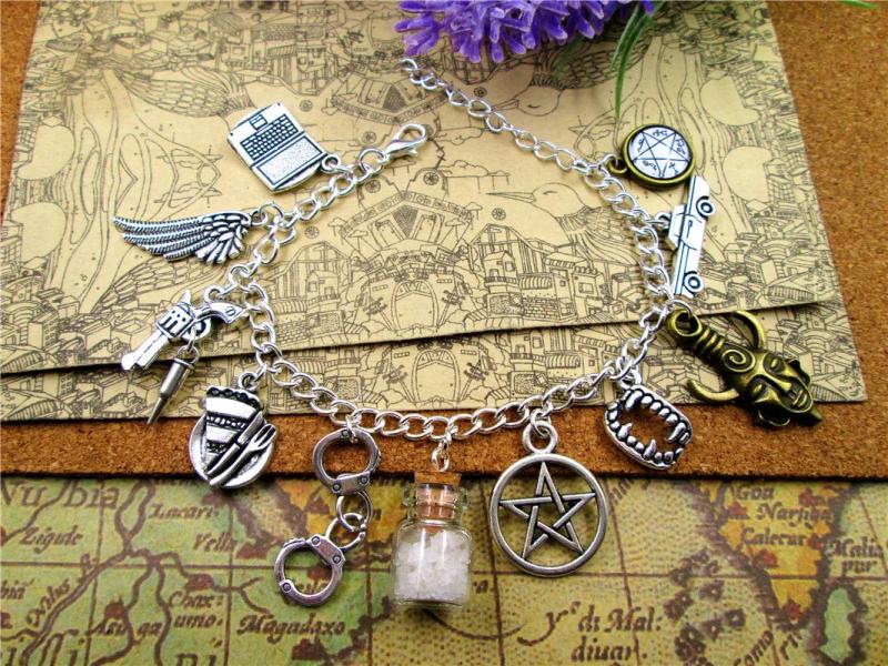 TV Series Charm Bracelet with Salt Bottle, Handcuffs, Wings, Pen