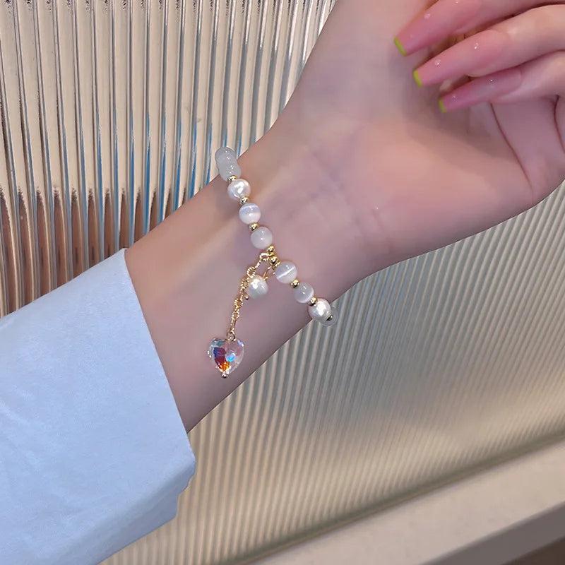 Opal Beaded Pearl Heart Bracelet Elastic Rope Accessory