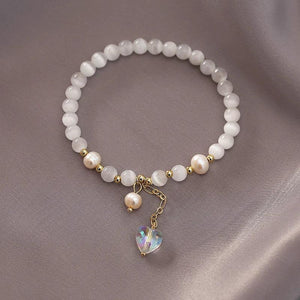 Opal Beaded Pearl Heart Bracelet Elastic Rope Accessory