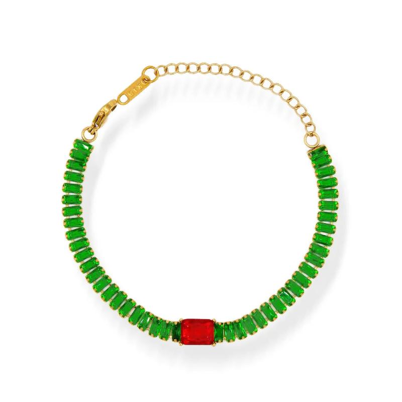 Stainless Steel Red Green Zircon Friendship Bangle YS223