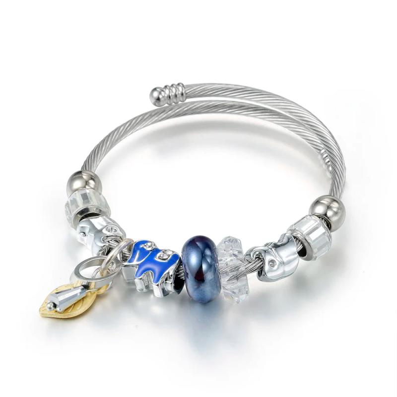 Silver Elephant Beads Charms Bracelet Crystal Ball Bangle