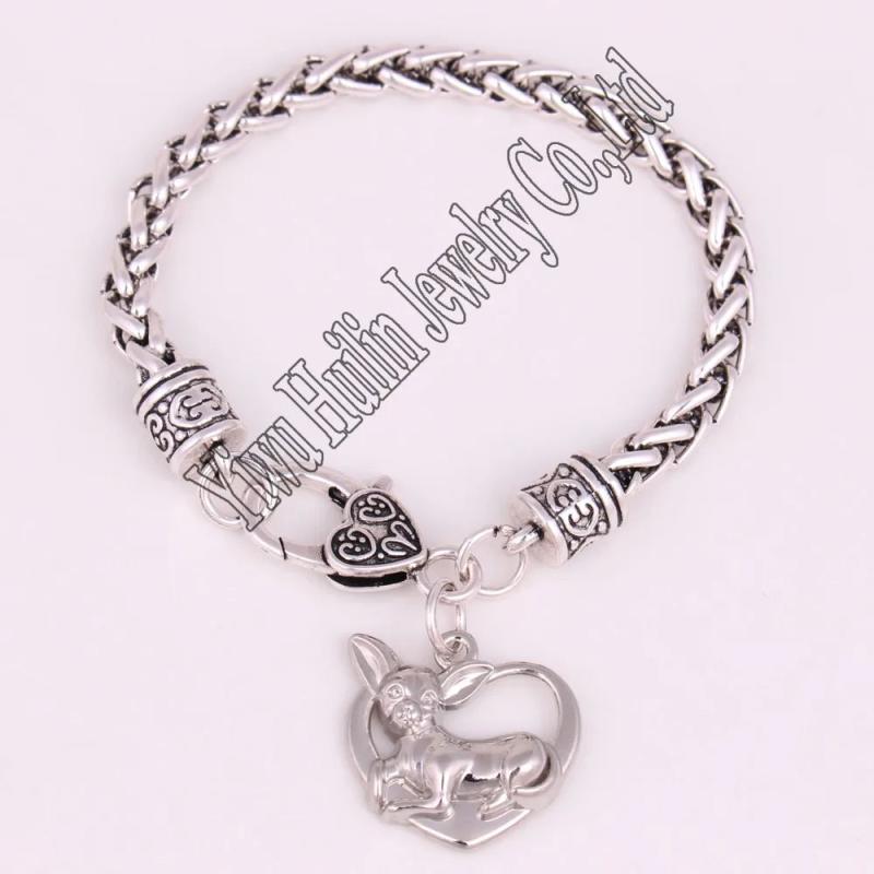 Rhodium Plated Chihuahua Dog Bracelet Charm Link Chain Jewelry