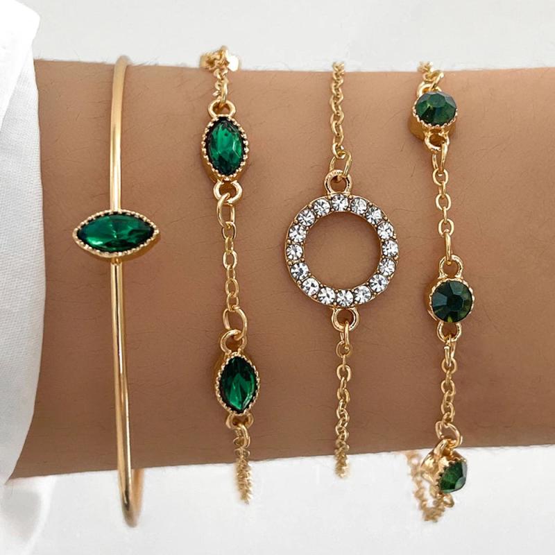 Green Rhinestone Jewelry Set: 4 Pieces of Bracelets for Women