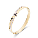 Crystal Double T Cross Bracelet Stainless Steel Chain Bangle