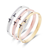 Crystal Double T Cross Bracelet Stainless Steel Chain Bangle