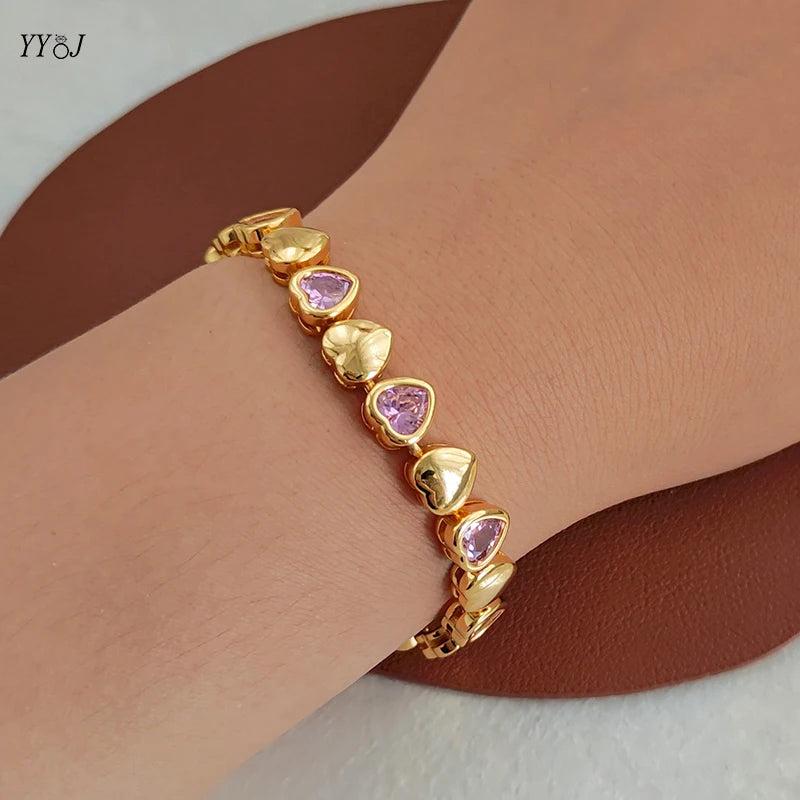 Pink Heart CZ Stone Bracelet Women Heart Chain Jewelry