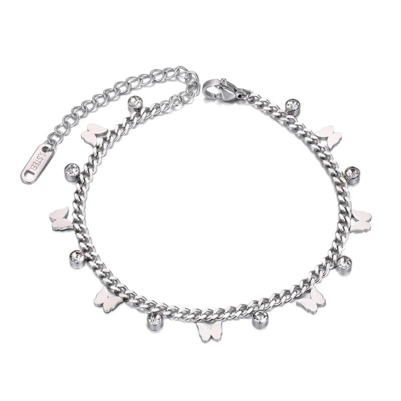 Titanium Stainless Steel Butterfly Charm Bracelet CZ Crystal Jewelry