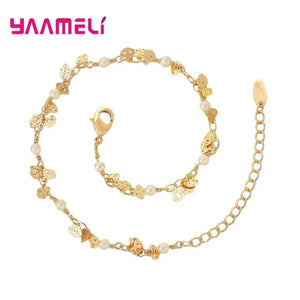 925 Silver Pearl Leaf Chain Bracelet Charms Bangles