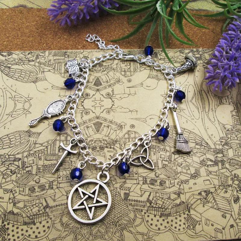 Carnelian Moonstone Lapis Witch Wicca Charm Bracelet 17+5cm Silver Plated