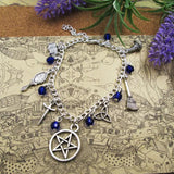Carnelian Moonstone Lapis Witch Wicca Charm Bracelet 17+5cm Silver Plated