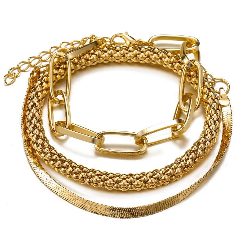 3PCS/Set Thick Chain Link Bracelets For Women Vintage Snake Chain Silver Bangles