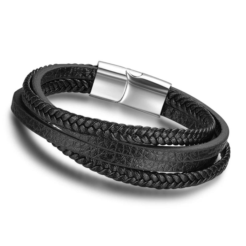Men Stainless Steel Leather Bracelet Magnetic Clasp Male Bangles (BA101881)