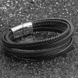 Men Stainless Steel Leather Bracelet Magnetic Clasp Male Bangles (BA101881)