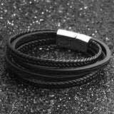 Men Stainless Steel Leather Bracelet Magnetic Clasp Male Bangles (BA101881)