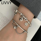 Vintage Smiling Face Tassel Charm Bracelet - Silver Couples Open Chain