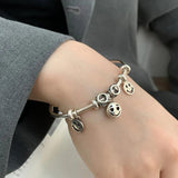 Vintage Smiling Face Tassel Charm Bracelet - Silver Couples Open Chain