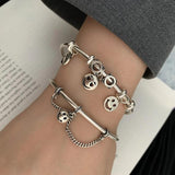 Vintage Smiling Face Tassel Charm Bracelet - Silver Couples Open Chain