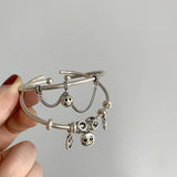 Vintage Smiling Face Tassel Charm Bracelet - Silver Couples Open Chain