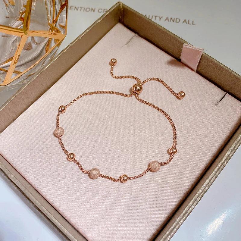 Adjustable Frosted Bead Bracelet Female Titanium Steel Plated 18K Rose