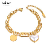 Titanium Stainless Steel Double Layer Chain Bracelet Heart Charm B21125