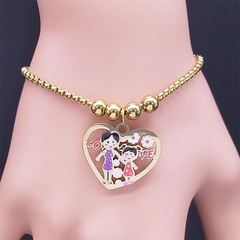 Stainless Steel Mom Daughter Bead Bracelets B9500S01