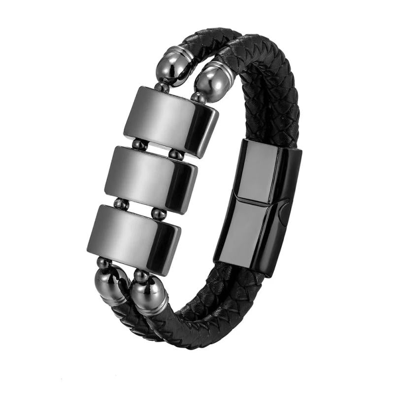 Gallstone Men's Stainless Steel Leather Bracelet