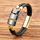 Gallstone Men's Stainless Steel Leather Bracelet